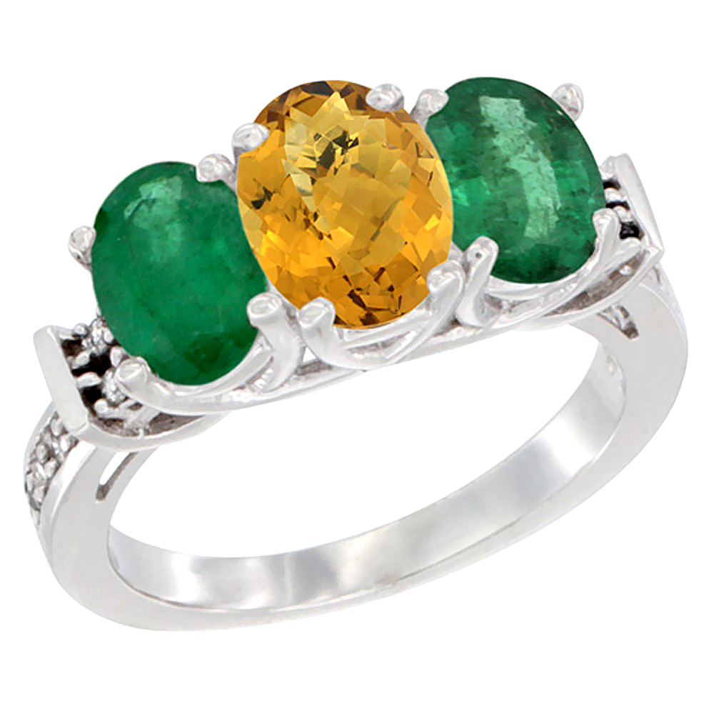 14K White Gold Natural Whisky Quartz &amp; Emerald Sides Ring 3-Stone Oval Diamond Accent, sizes 5 - 10