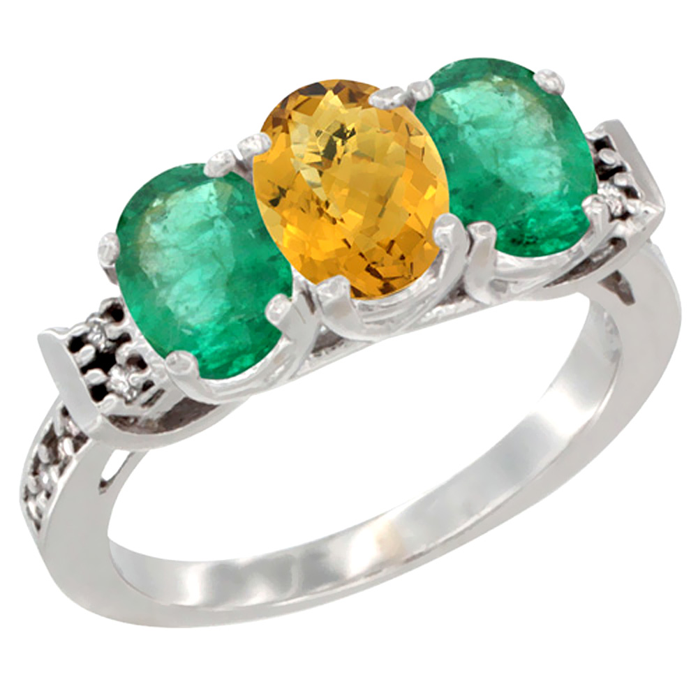 14K White Gold Natural Whisky Quartz & Emerald Sides Ring 3-Stone Oval 7x5 mm Diamond Accent, sizes 5 - 10