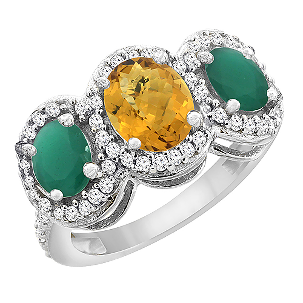 14K White Gold Natural Whisky Quartz & Cabochon Emerald 3-Stone Ring Oval Diamond Accent, sizes 5 - 10