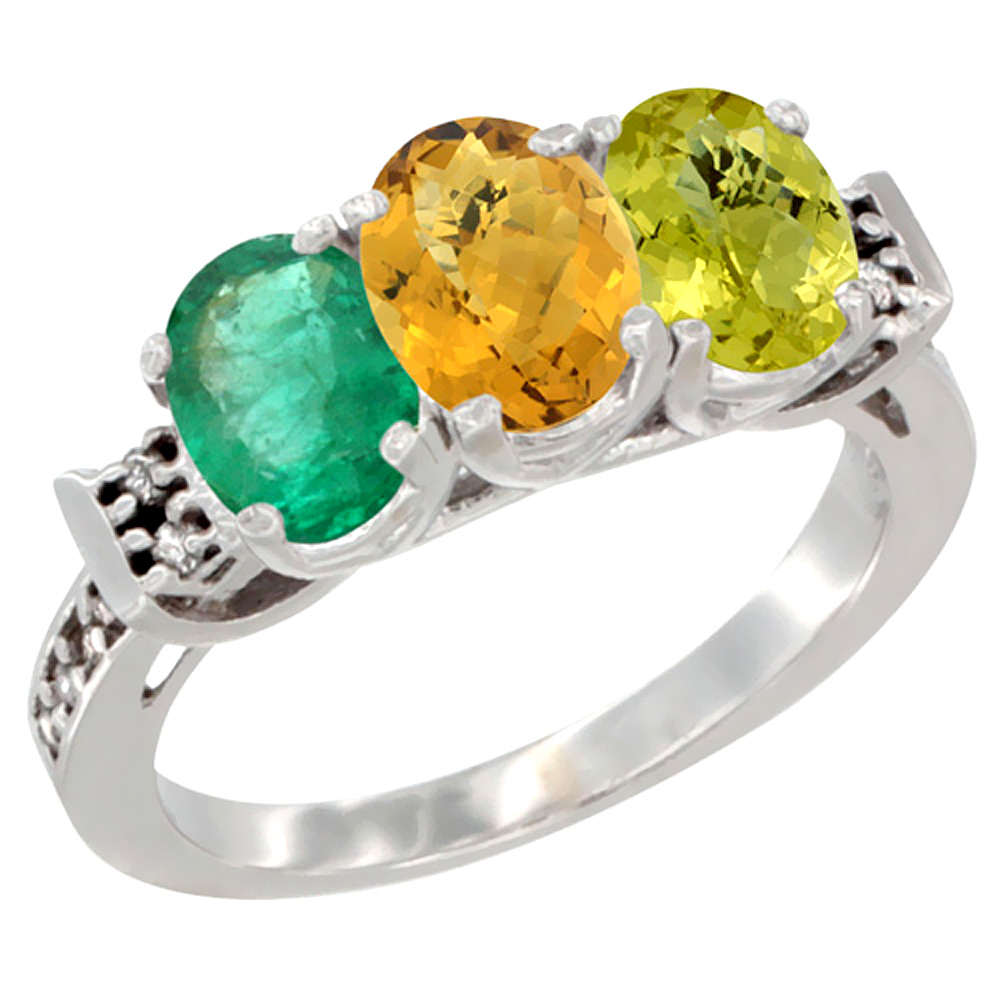 14K White Gold Natural Emerald, Whisky Quartz &amp; Lemon Quartz Ring 3-Stone Oval 7x5 mm Diamond Accent, sizes 5 - 10