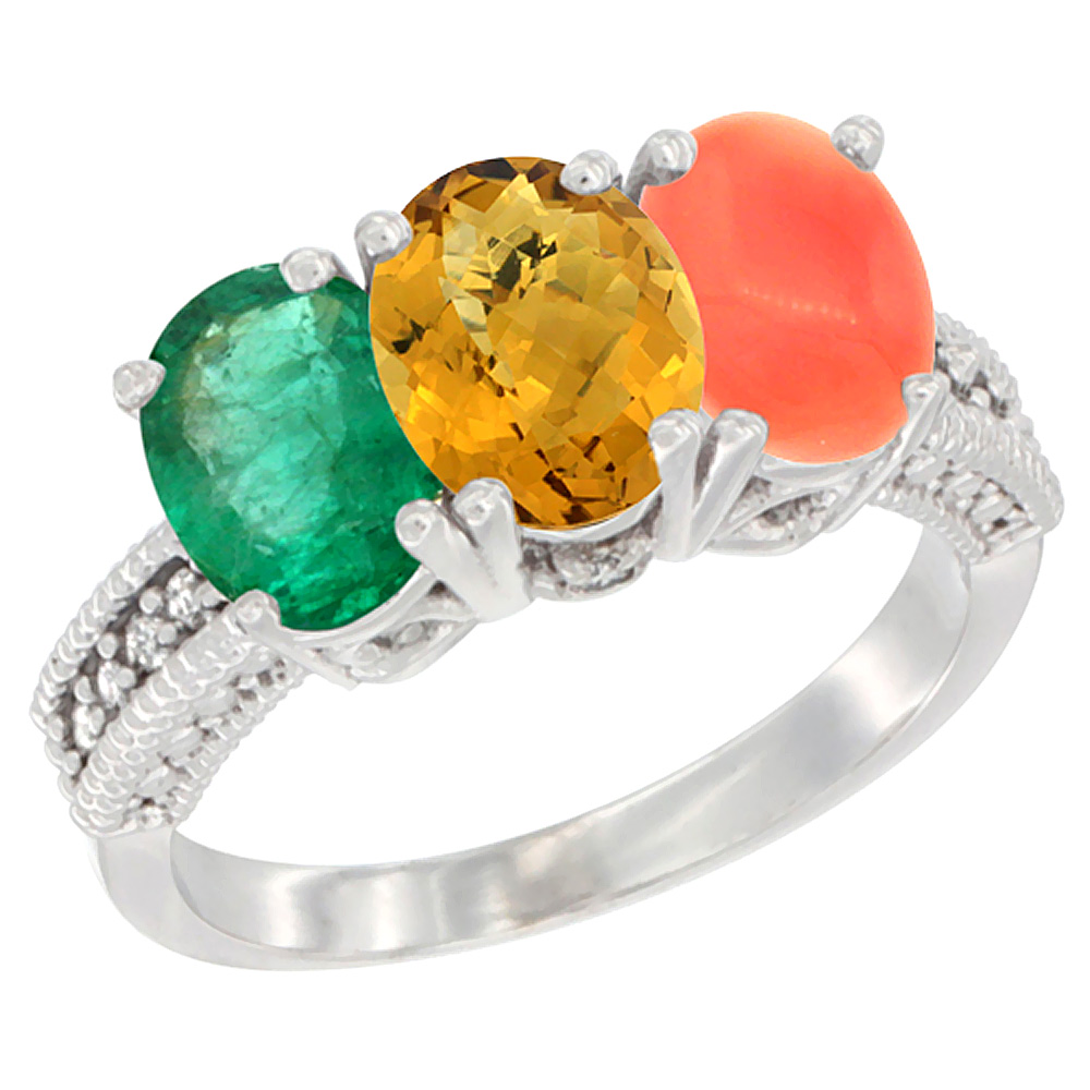 14K White Gold Natural Emerald, Whisky Quartz & Coral Ring 3-Stone 7x5 mm Oval Diamond Accent, sizes 5 - 10