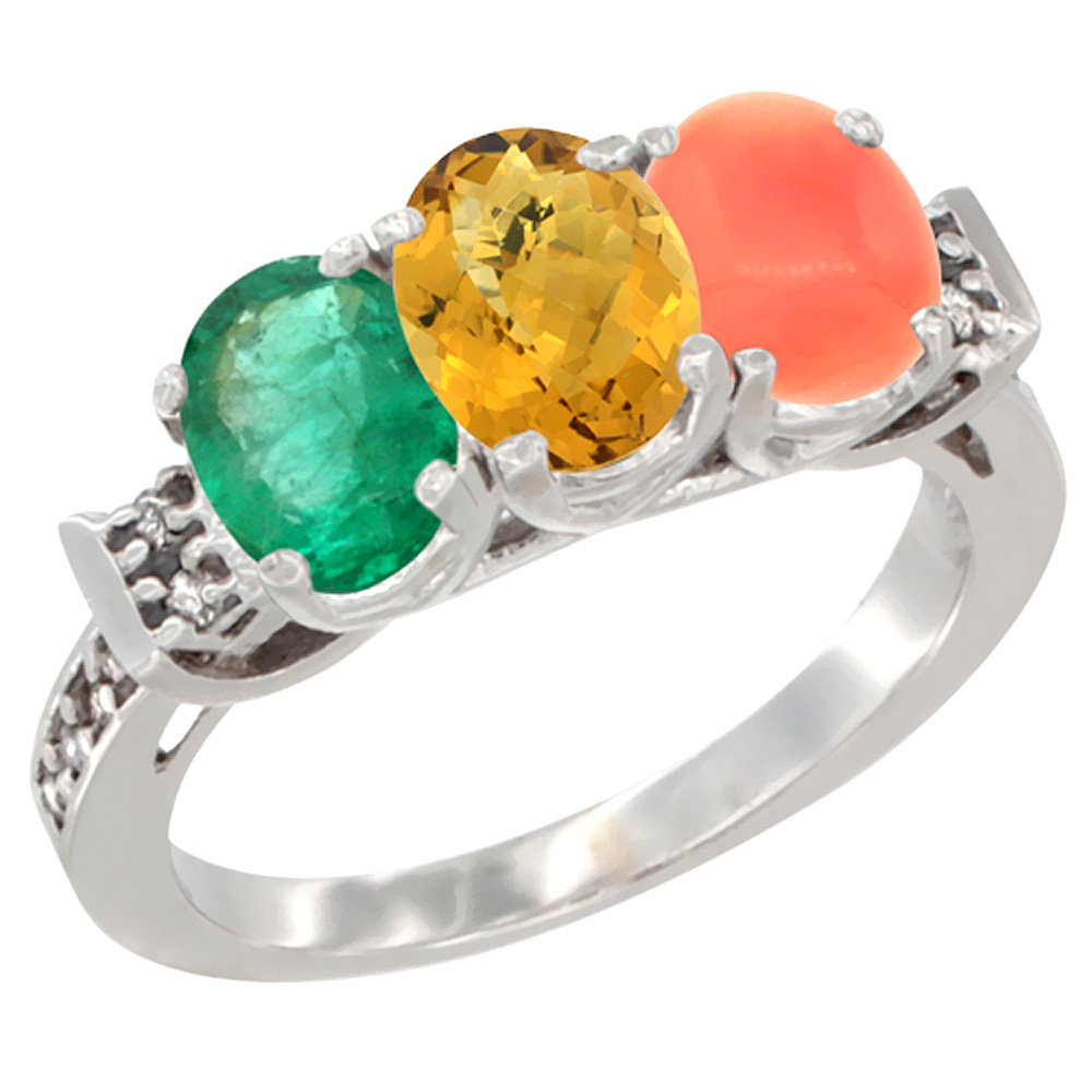 10K White Gold Natural Emerald, Whisky Quartz & Coral Ring 3-Stone Oval 7x5 mm Diamond Accent, sizes 5 - 10