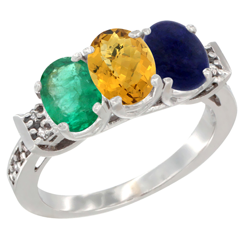 14K White Gold Natural Emerald, Whisky Quartz & Lapis Ring 3-Stone Oval 7x5 mm Diamond Accent, sizes 5 - 10