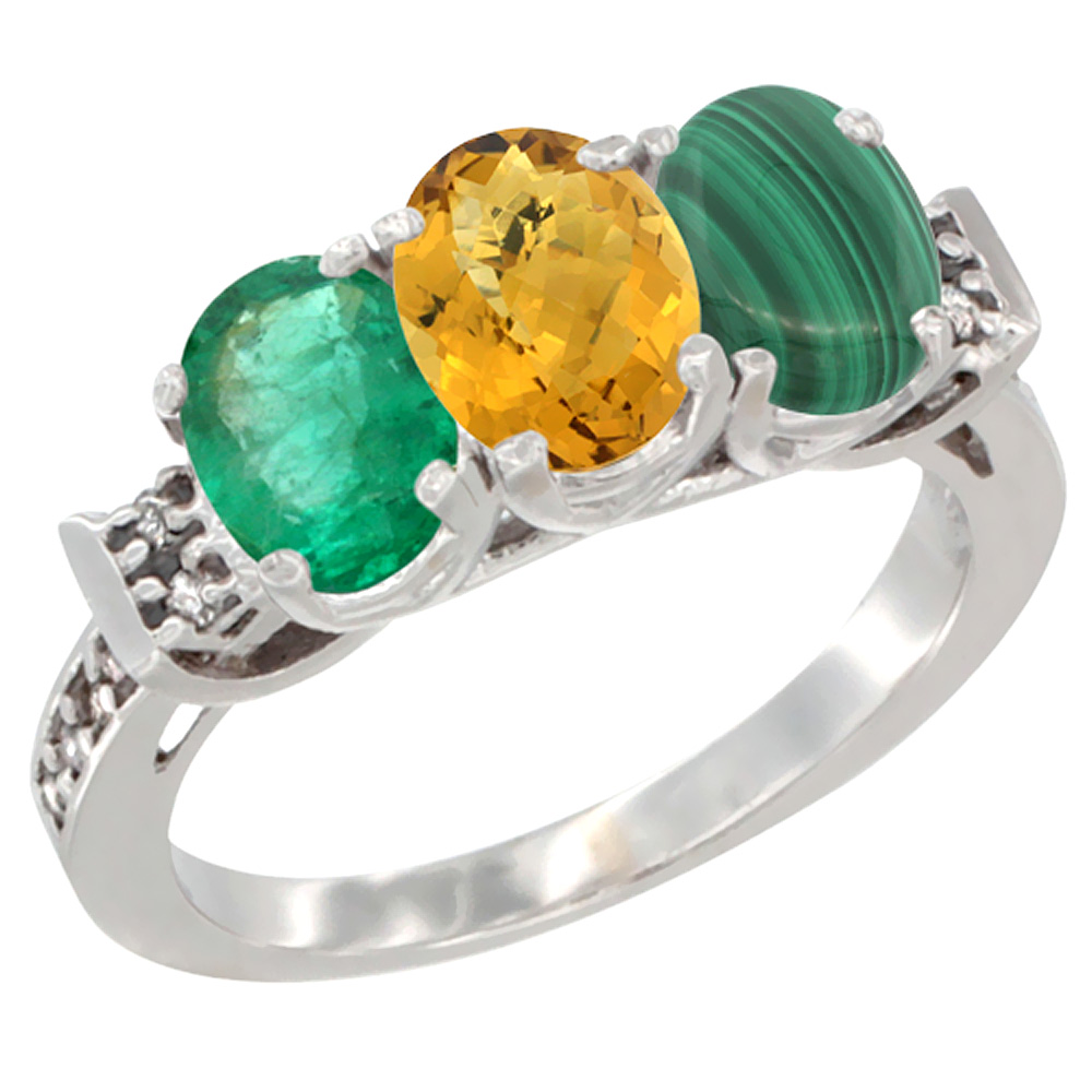 14K White Gold Natural Emerald, Whisky Quartz & Malachite Ring 3-Stone Oval 7x5 mm Diamond Accent, sizes 5 - 10