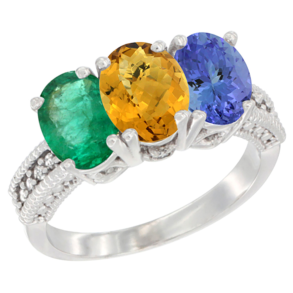 10K White Gold Diamond Natural Emerald, Whisky Quartz & Tanzanite Ring 3-Stone 7x5 mm Oval, sizes 5 - 10