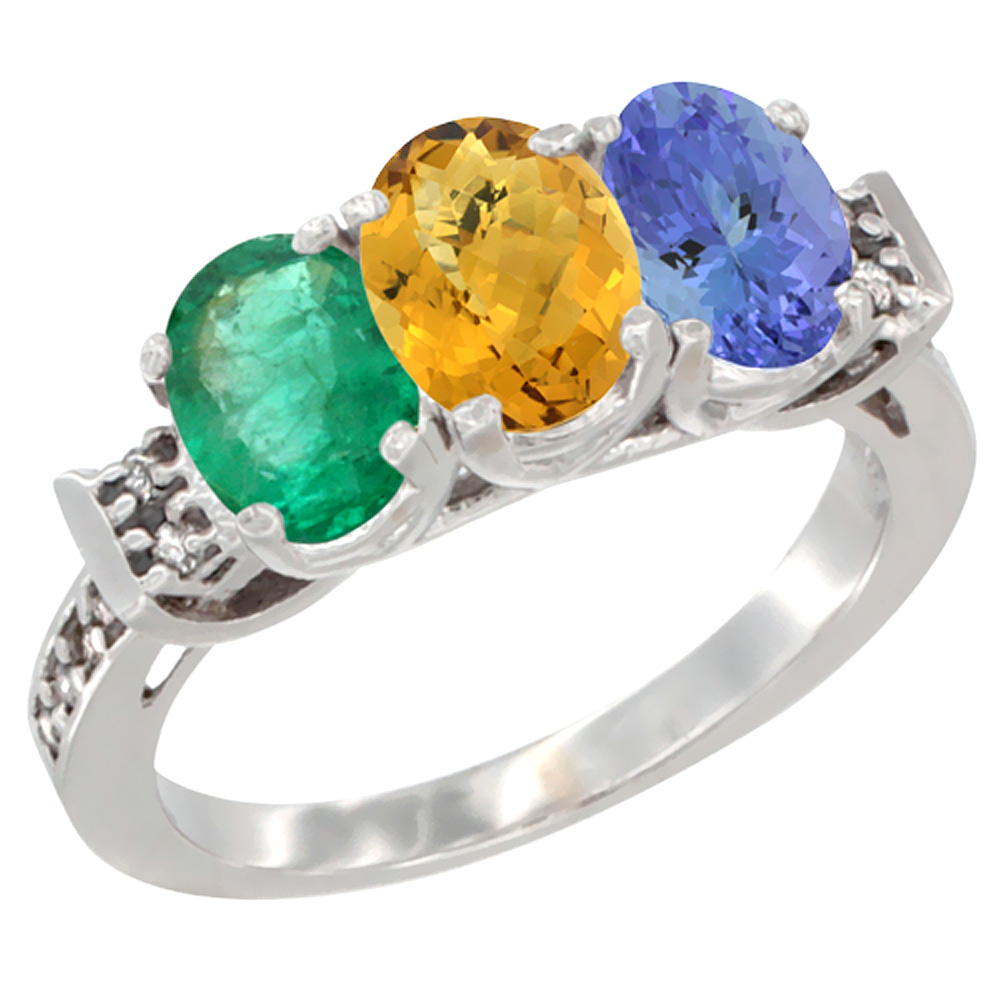 14K White Gold Natural Emerald, Whisky Quartz &amp; Tanzanite Ring 3-Stone Oval 7x5 mm Diamond Accent, sizes 5 - 10