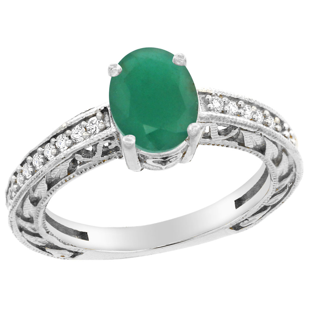 14K Gold Natural Cabochon Emerald Ring Oval 8x6 mm Diamond Accents, sizes 5 - 10