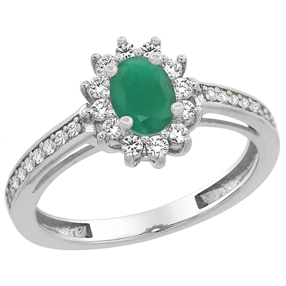 14K White Gold Natural Emerald Flower Halo Ring Oval 6x4mm Diamond Accents, sizes 5 - 10