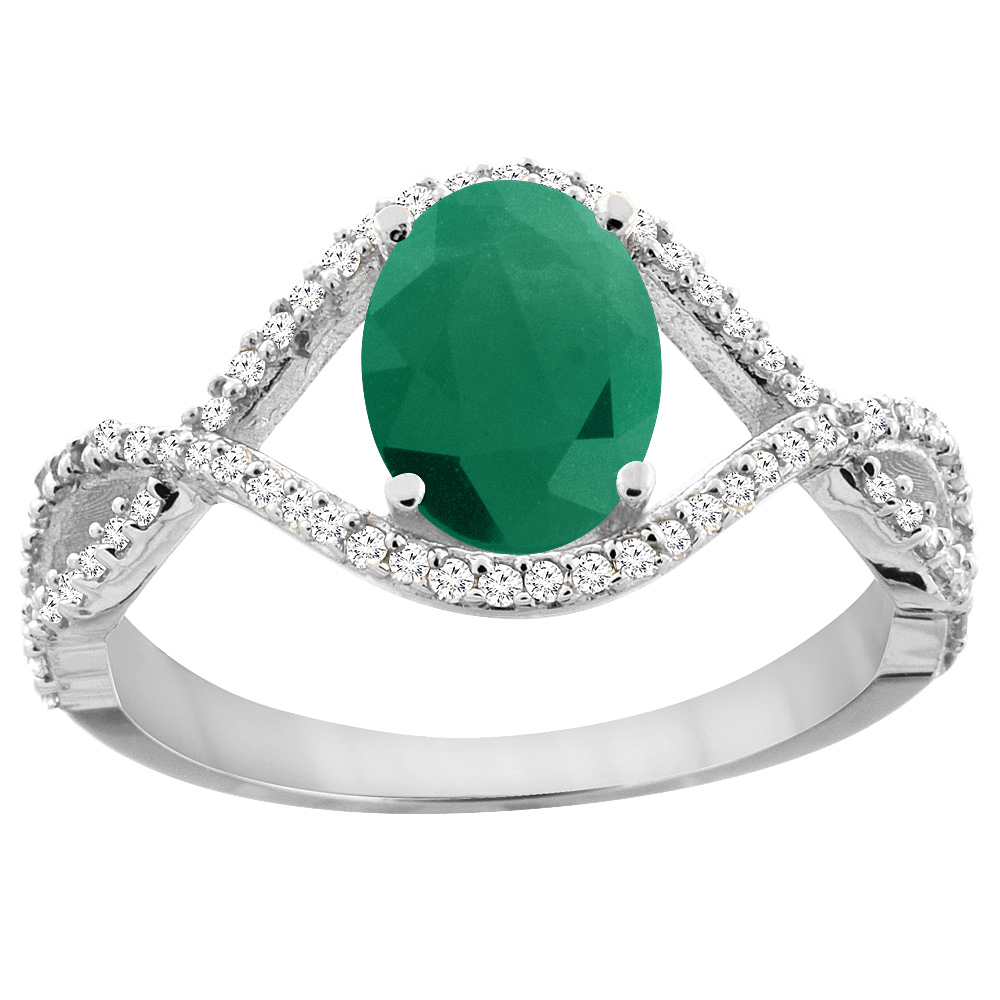 10K White Gold Natural Cabochon Emerald Ring Oval 8x6 mm Infinity Diamond Accents, sizes 5 - 10