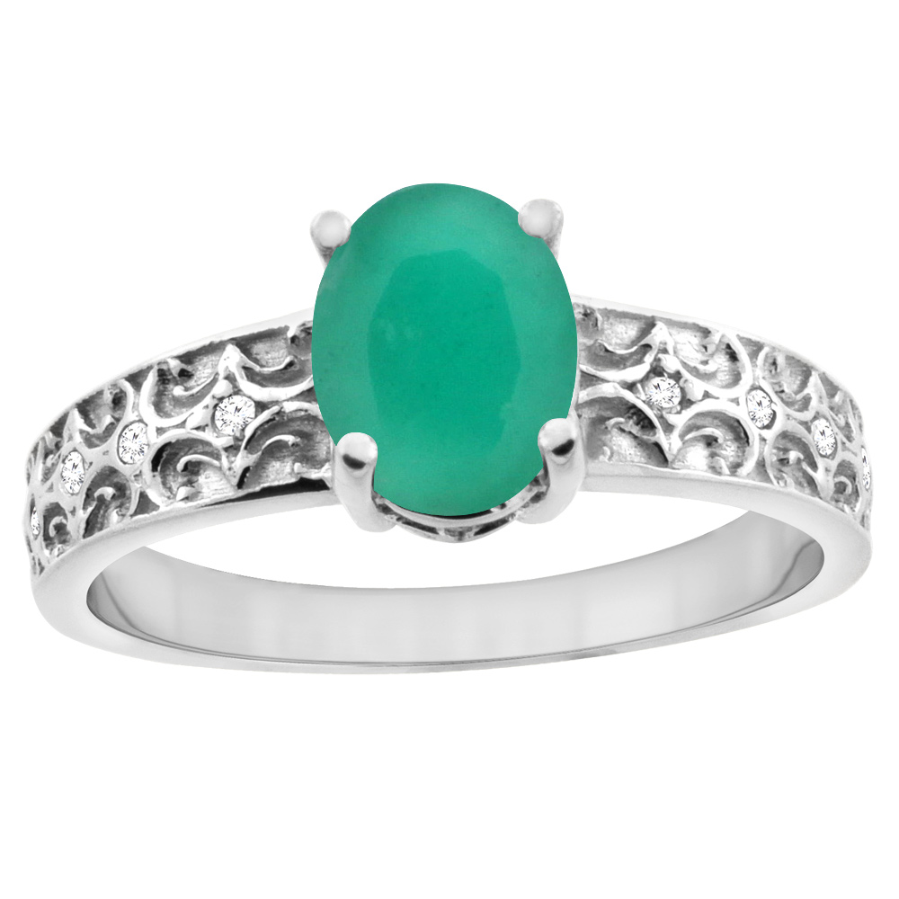 14K White Gold Natural Cabochon Emerald Ring Oval 8x6 mm Diamond Accents, sizes 5 - 10