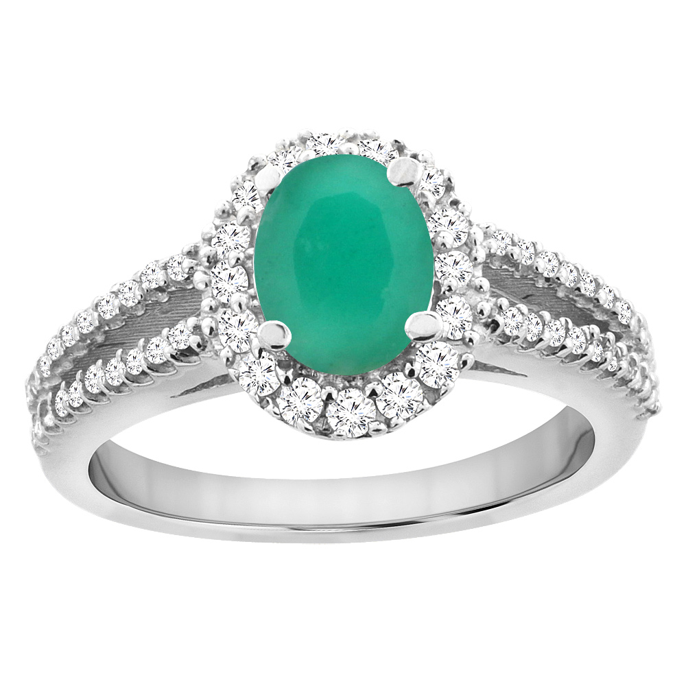 14K White Gold Natural Cabochon Emerald Split Shank Halo Engagement Ring Oval 7x5 mm, sizes 5 - 10
