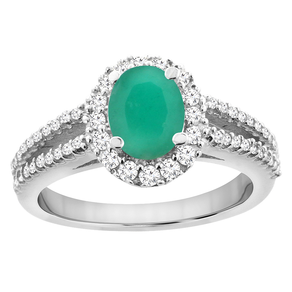 14K White Gold Natural Emerald Split Shank Halo Engagement Ring Oval 7x5 mm, sizes 5 - 10