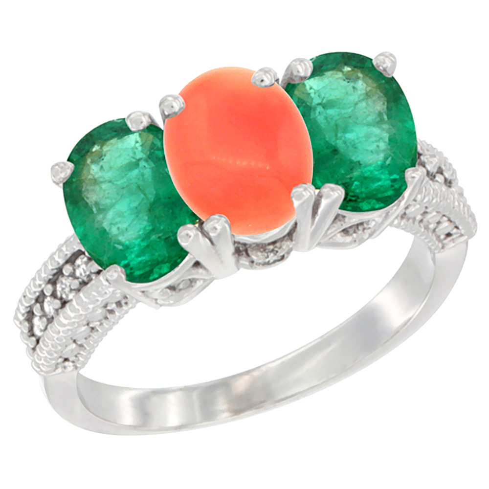 10K White Gold Diamond Natural Coral & Emerald Ring 3-Stone 7x5 mm Oval, sizes 5 - 10
