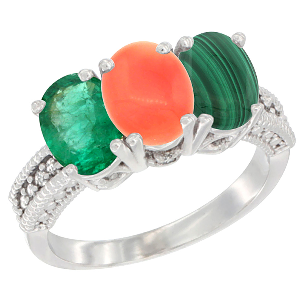 10K White Gold Diamond Natural Emerald, Coral & Malachite Ring 3-Stone 7x5 mm Oval, sizes 5 - 10