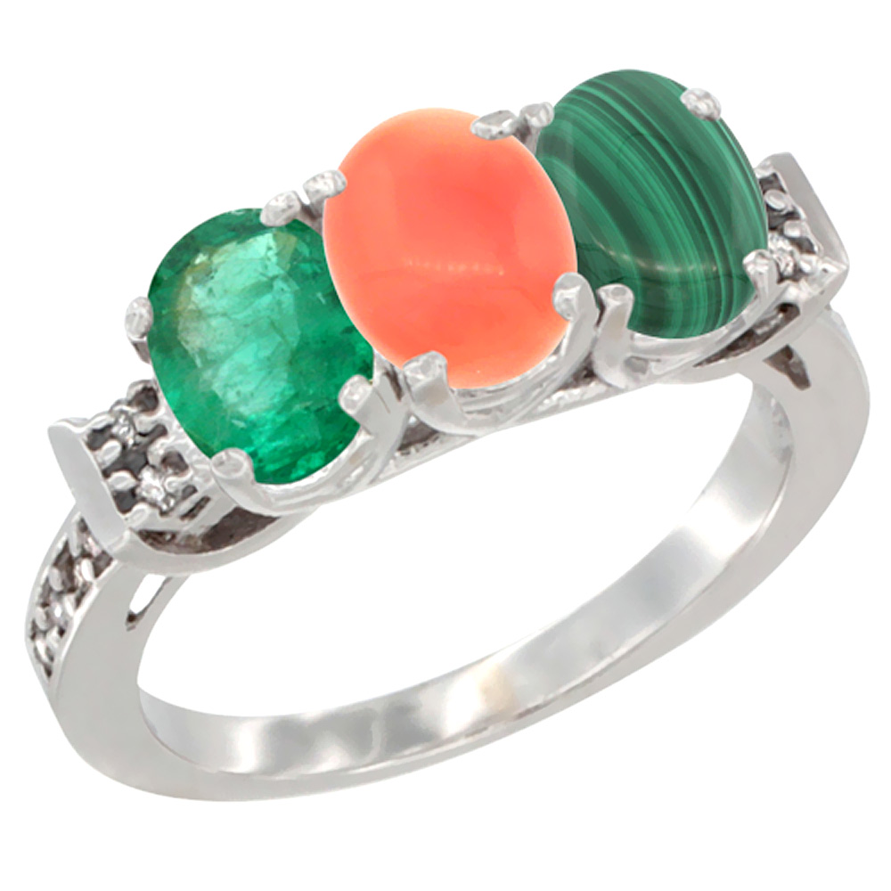 10K White Gold Natural Emerald, Coral &amp; Malachite Ring 3-Stone Oval 7x5 mm Diamond Accent, sizes 5 - 10