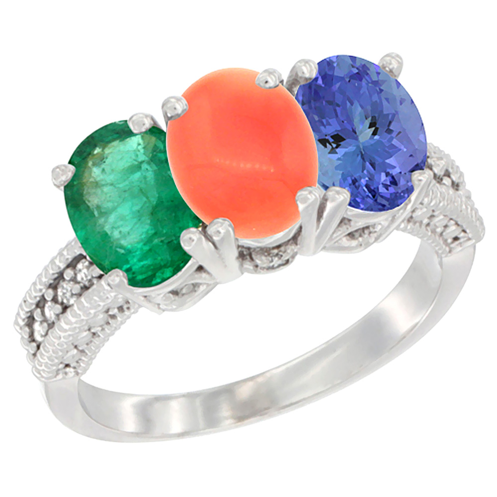 10K White Gold Diamond Natural Emerald, Coral &amp; Tanzanite Ring 3-Stone 7x5 mm Oval, sizes 5 - 10