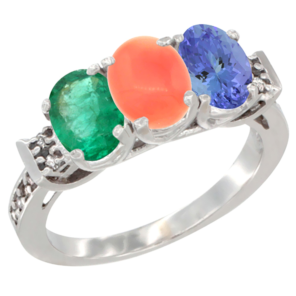 14K White Gold Natural Emerald, Coral & Tanzanite Ring 3-Stone Oval 7x5 mm Diamond Accent, sizes 5 - 10