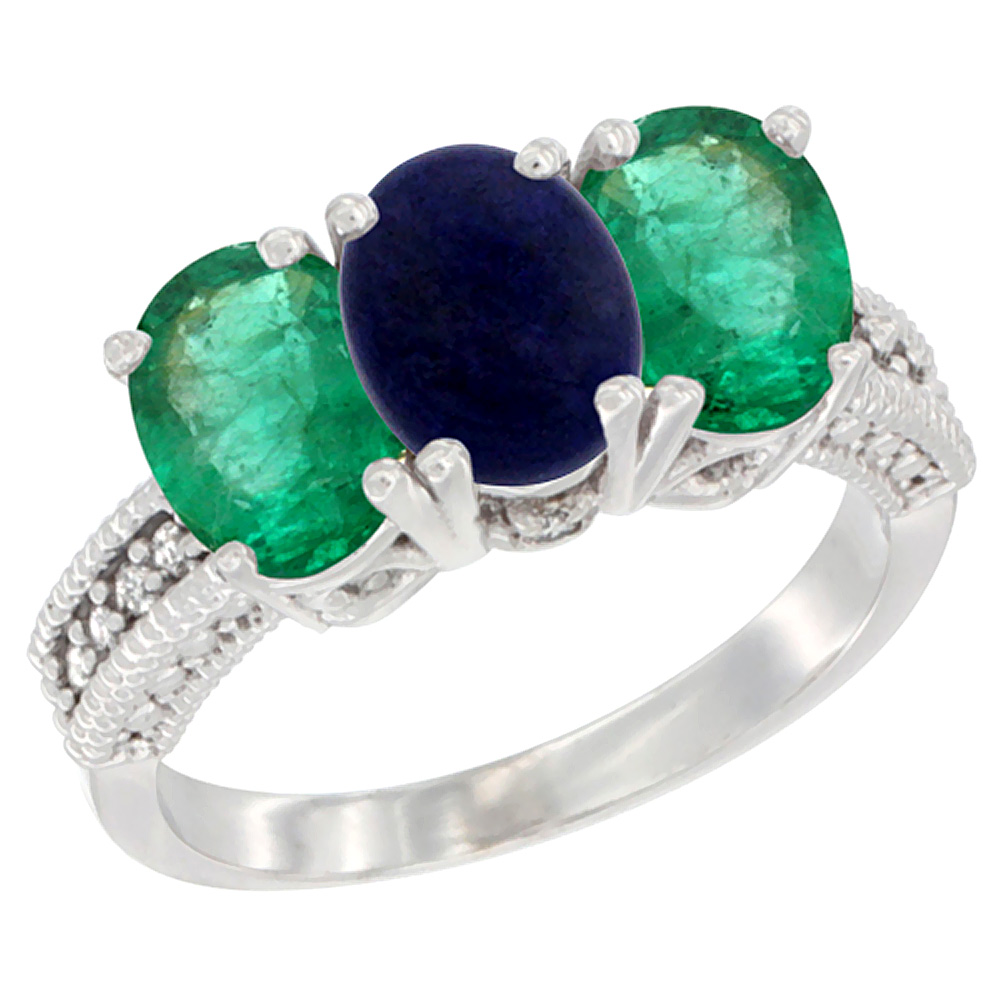 10K White Gold Diamond Natural Lapis & Emerald Ring 3-Stone 7x5 mm Oval, sizes 5 - 10