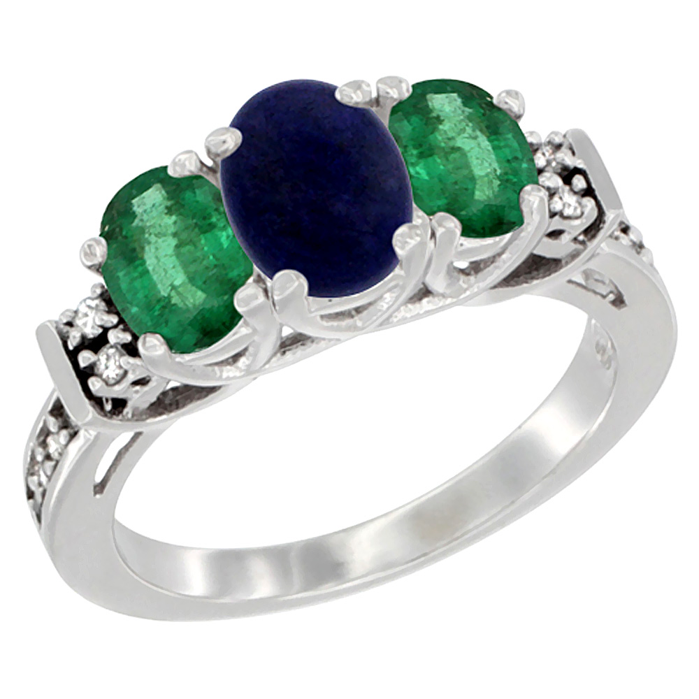 14K White Gold Natural Lapis & Emerald Ring 3-Stone Oval Diamond Accent, sizes 5-10