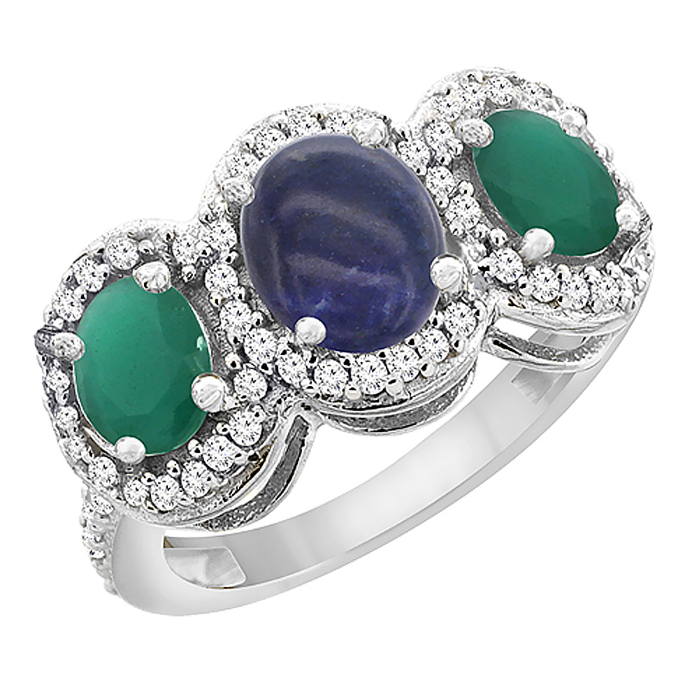 10K White Gold Natural Lapis & Emerald 3-Stone Ring Oval Diamond Accent, sizes 5 - 10