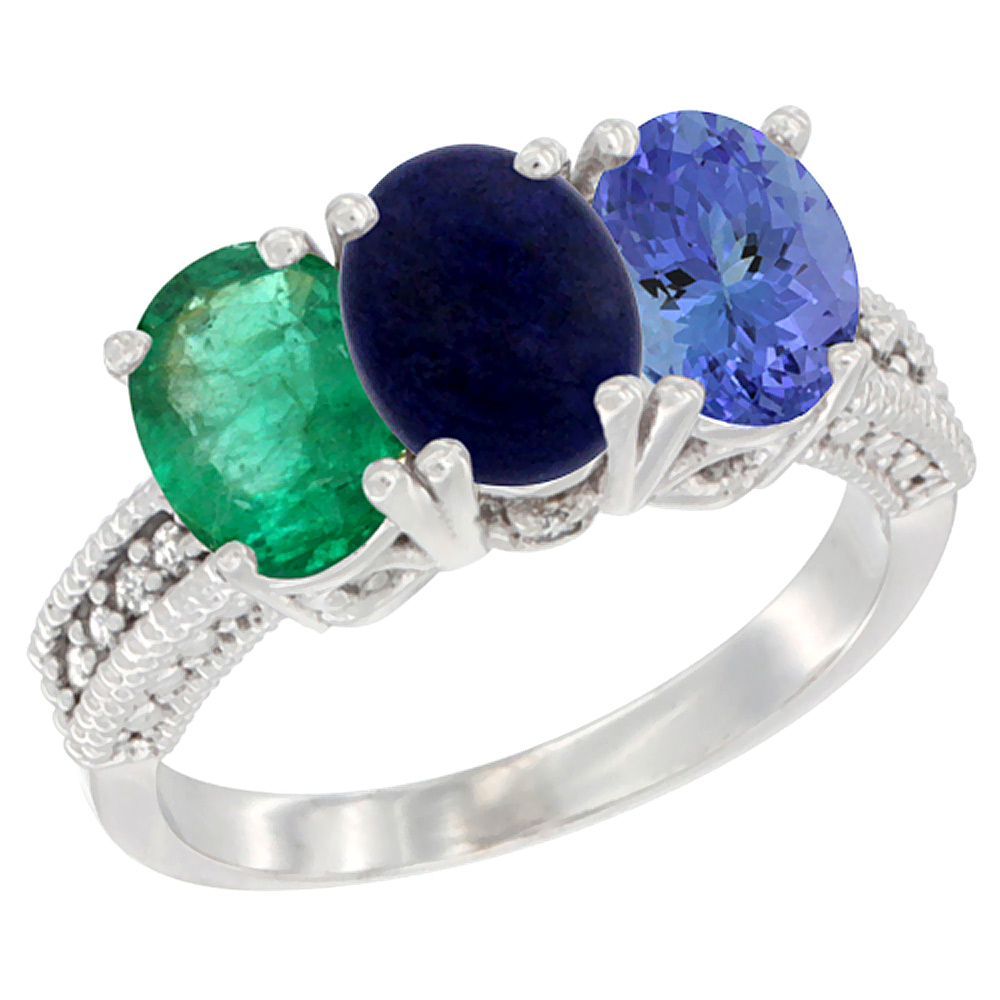 10K White Gold Diamond Natural Emerald, Lapis & Tanzanite Ring 3-Stone 7x5 mm Oval, sizes 5 - 10