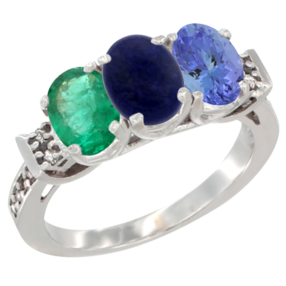 10K White Gold Natural Emerald, Lapis & Tanzanite Ring 3-Stone Oval 7x5 mm Diamond Accent, sizes 5 - 10