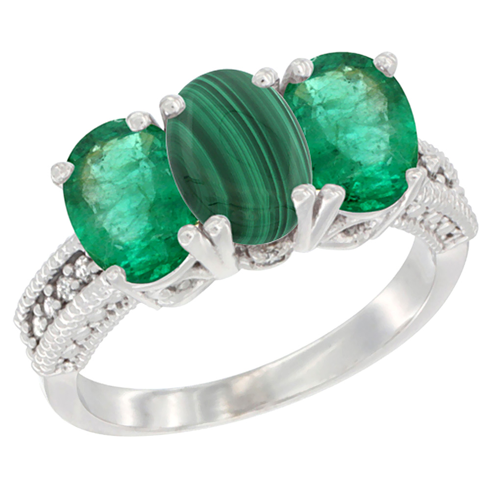 10K White Gold Diamond Natural Malachite & Emerald Ring 3-Stone 7x5 mm Oval, sizes 5 - 10