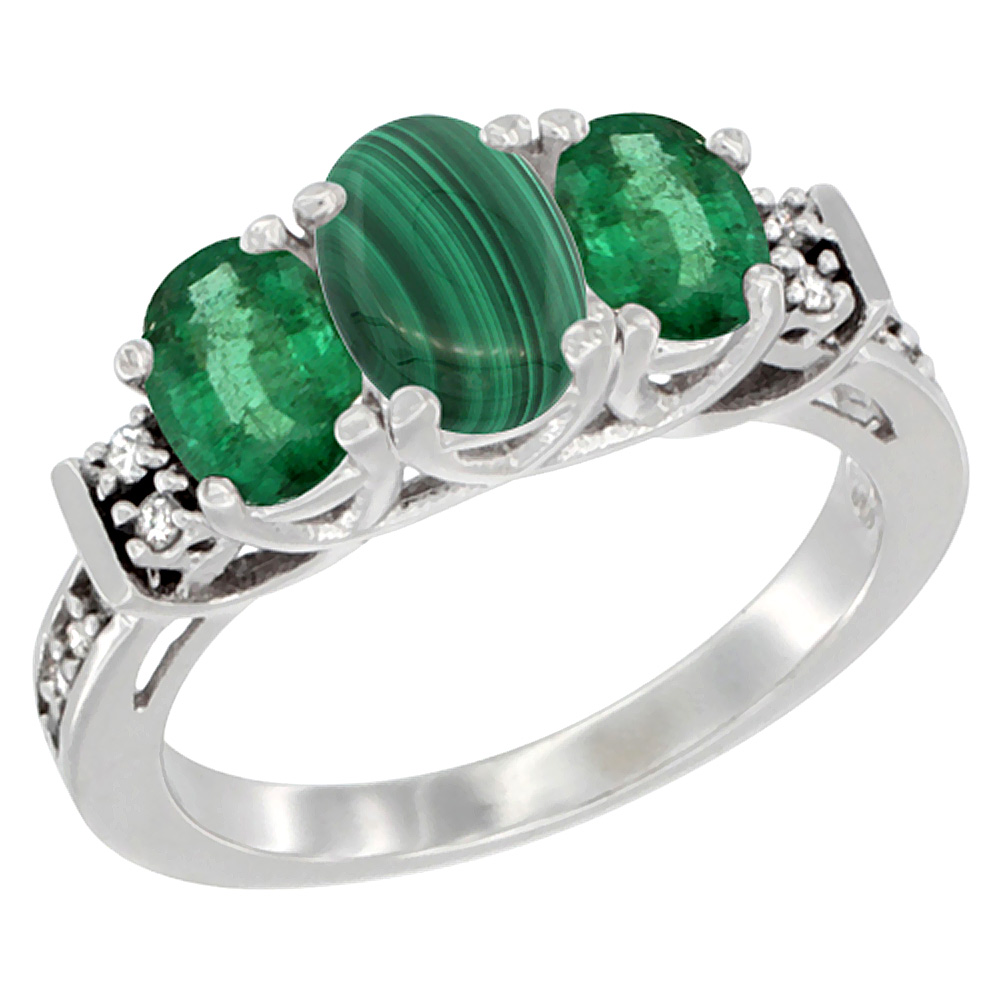 14K White Gold Natural Malachite & Emerald Ring 3-Stone Oval Diamond Accent, sizes 5-10