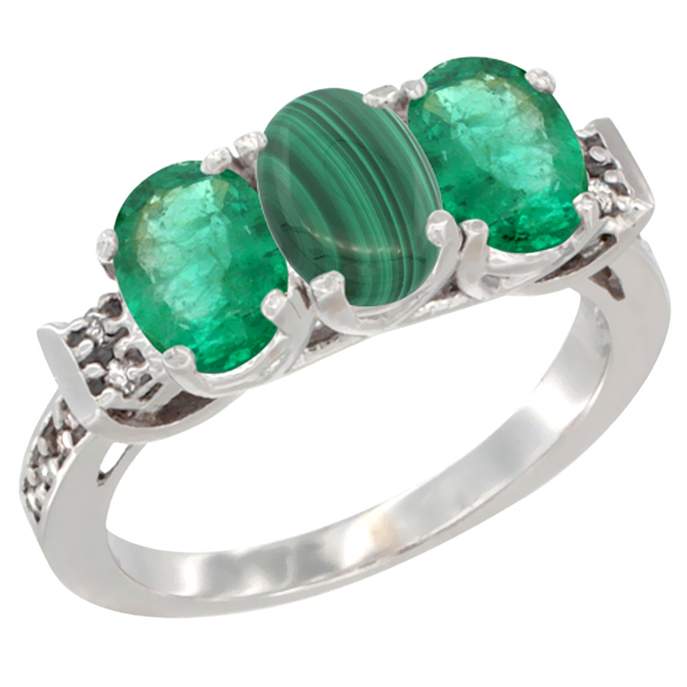 14K White Gold Natural Malachite &amp; Emerald Sides Ring 3-Stone Oval 7x5 mm Diamond Accent, sizes 5 - 10