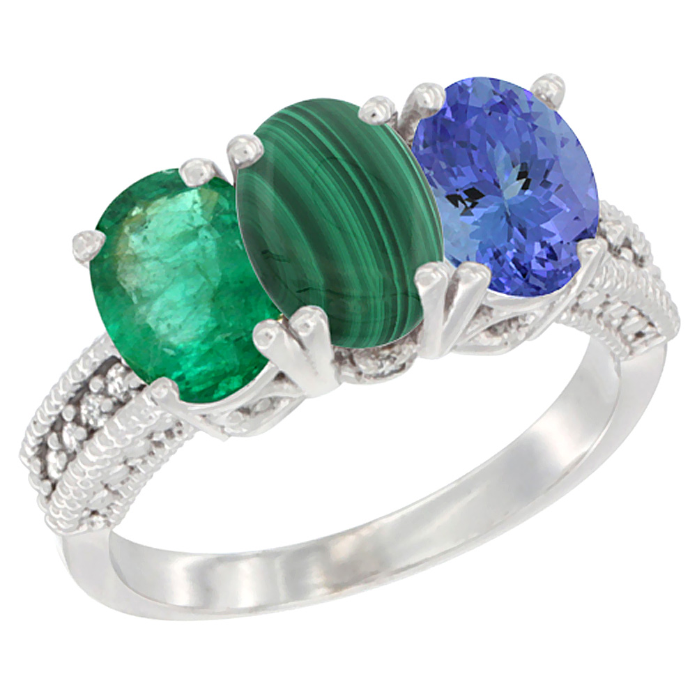 10K White Gold Diamond Natural Emerald, Malachite &amp; Tanzanite Ring 3-Stone 7x5 mm Oval, sizes 5 - 10