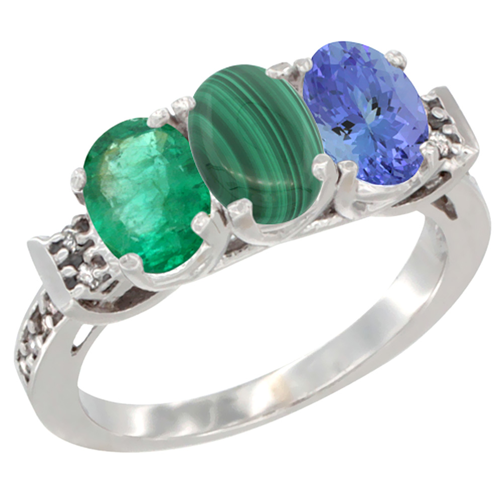 14K White Gold Natural Emerald, Malachite & Tanzanite Ring 3-Stone Oval 7x5 mm Diamond Accent, sizes 5 - 10