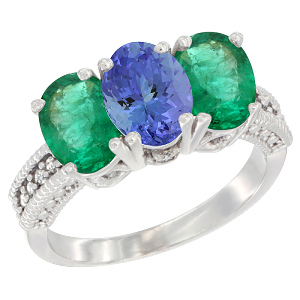 10K White Gold Diamond Natural Tanzanite & Emerald Ring 3-Stone 7x5 mm Oval, sizes 5 - 10