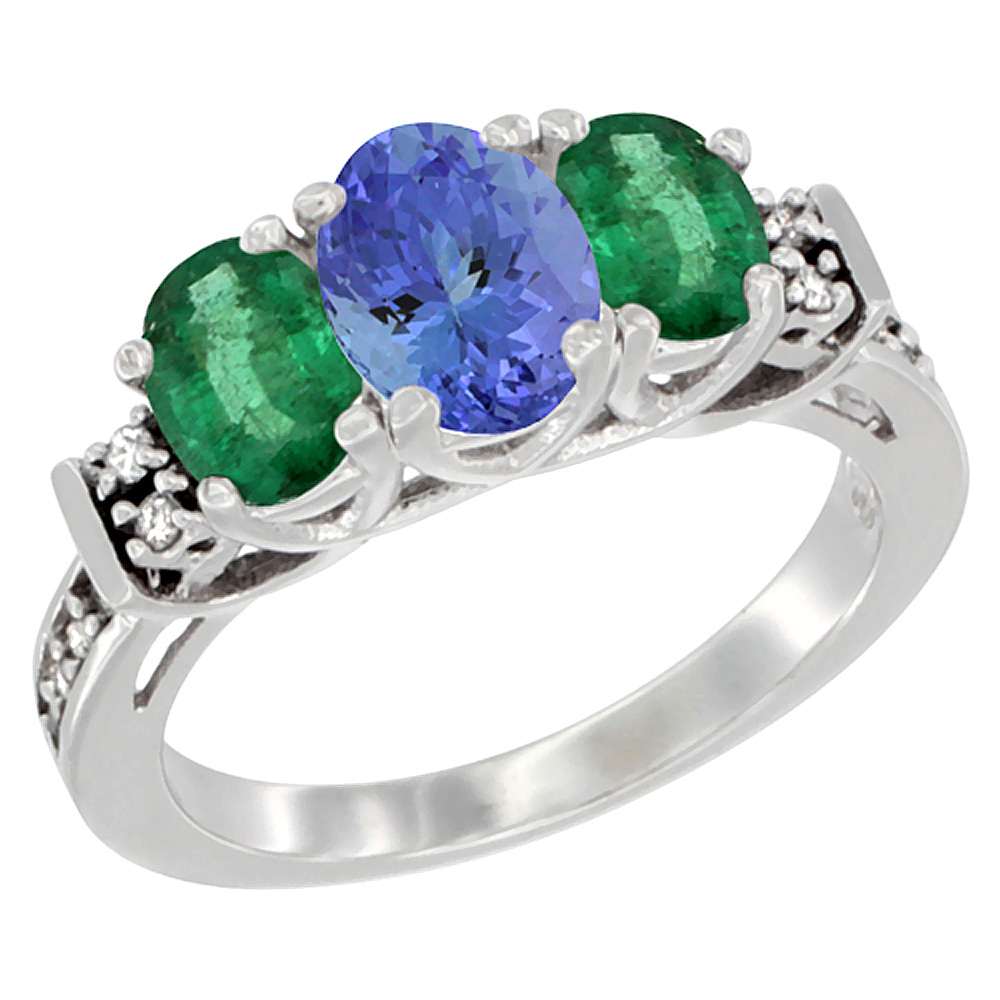 14K White Gold Natural Tanzanite & Emerald Ring 3-Stone Oval Diamond Accent, sizes 5-10