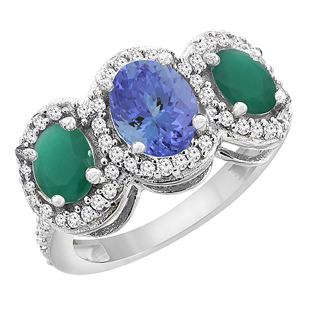 14K White Gold Natural Tanzanite &amp; Cabochon Emerald 3-Stone Ring Oval Diamond Accent, sizes 5 - 10