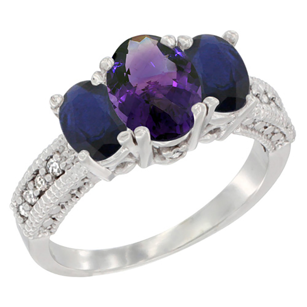 14K White Gold Diamond Natural Amethyst 7x5mm&6x4mmQuality Blue Sapphire Oval 3-stone Mothers Ring,sz5-10