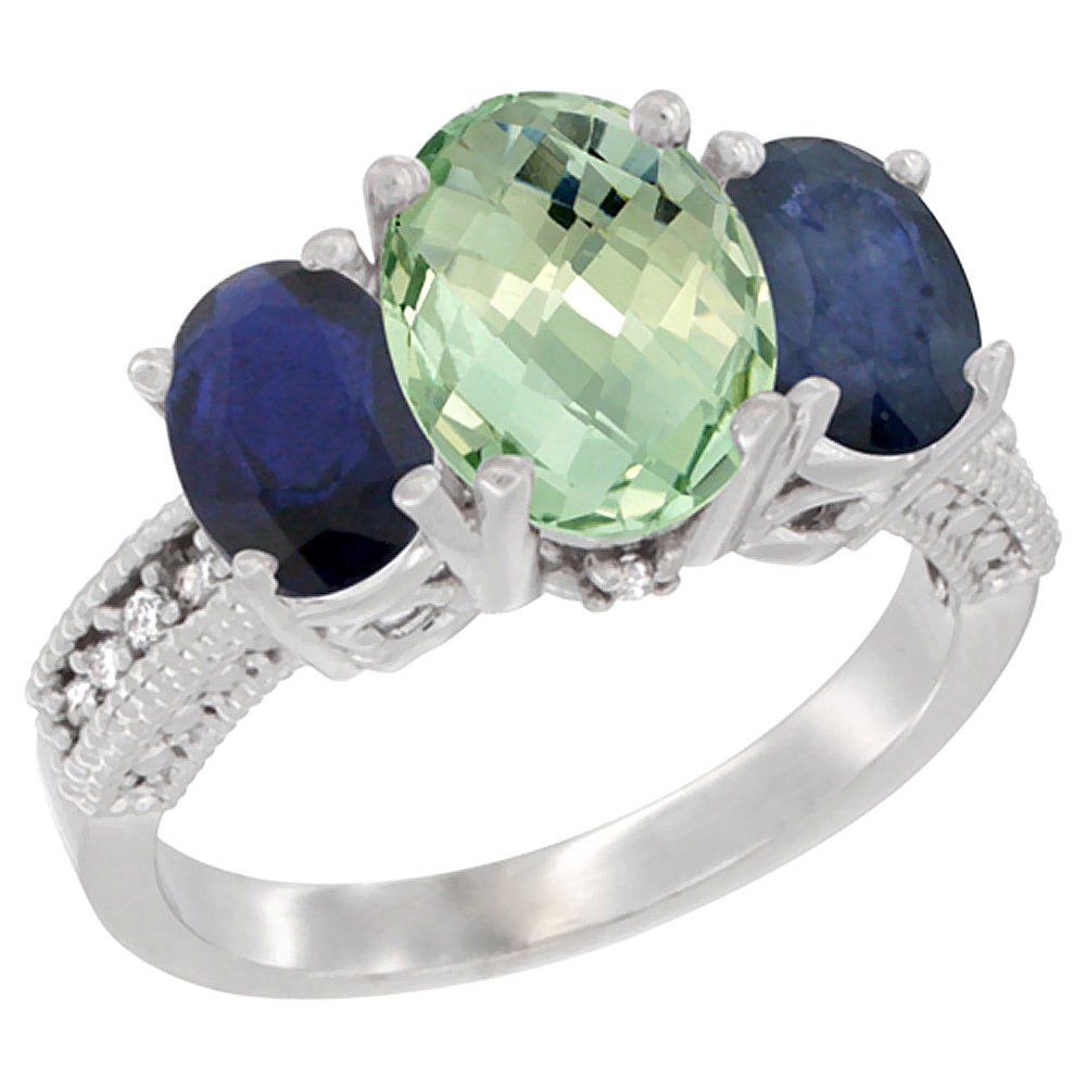 10K White Gold Diamond Natural Green Amethyst Ring 3-Stone Oval 8x6mm with Blue Sapphire, sizes5-10