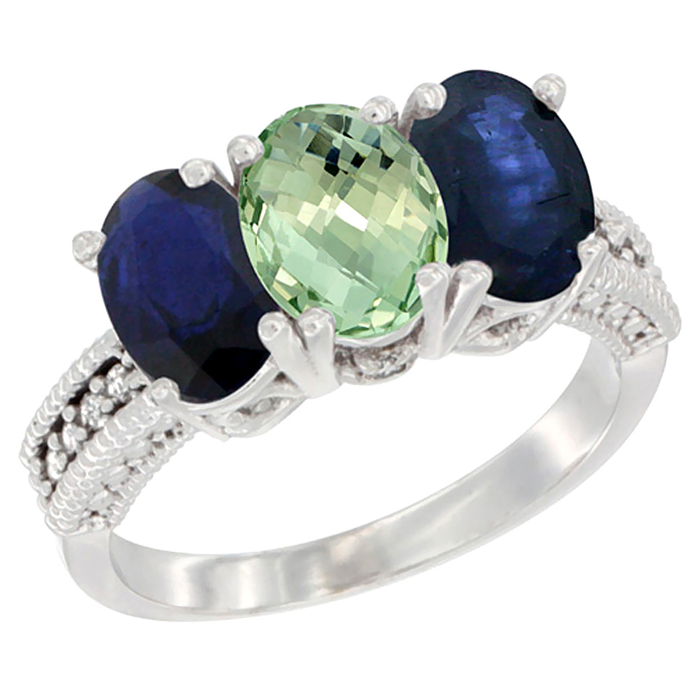 14K White Gold Natural Green Amethyst & Blue Sapphire Sides Ring 3-Stone 7x5 mm Oval Diamond Accent, sizes 5 - 10
