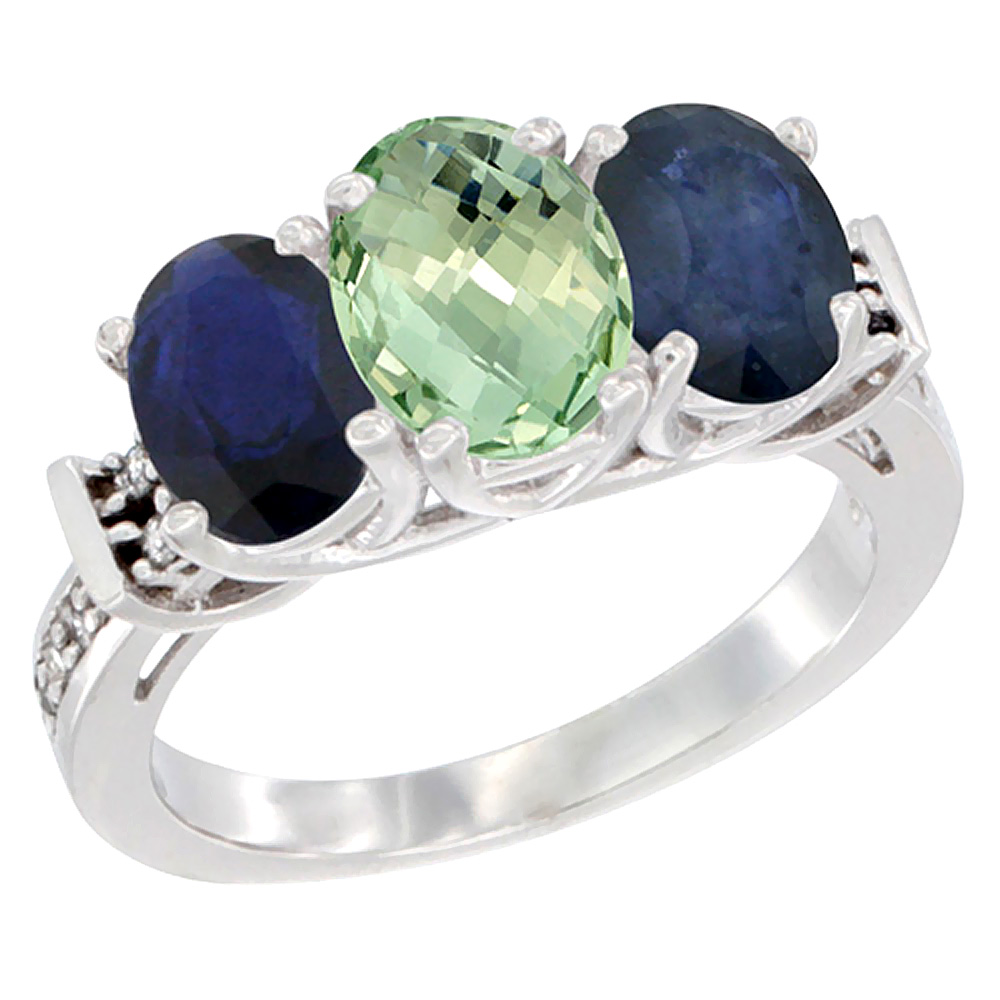 14K White Gold Natural Green Amethyst &amp; Blue Sapphire Sides Ring 3-Stone Oval Diamond Accent, sizes 5 - 10