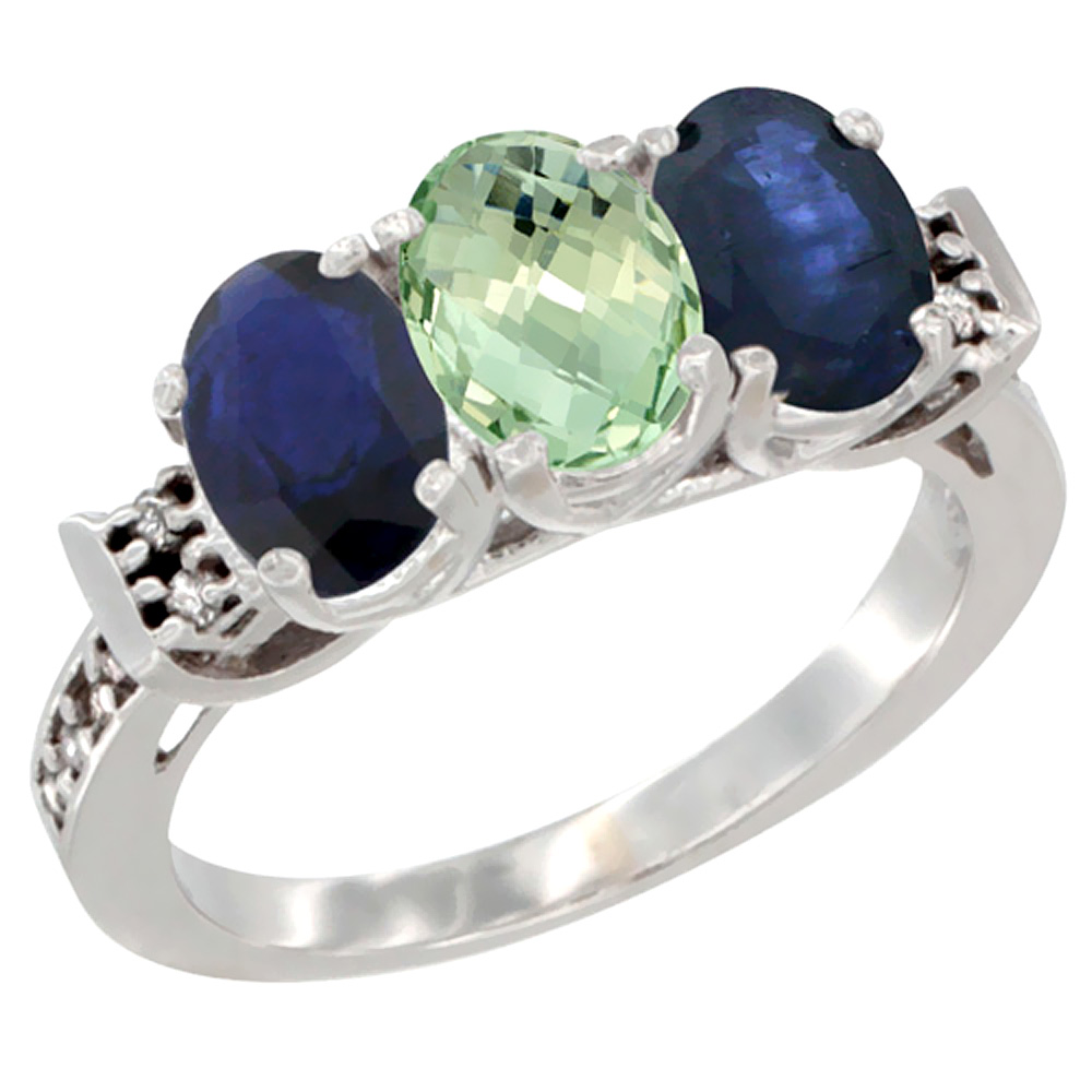 10K White Gold Natural Green Amethyst & Blue Sapphire Sides Ring 3-Stone Oval 7x5 mm Diamond Accent, sizes 5 - 10