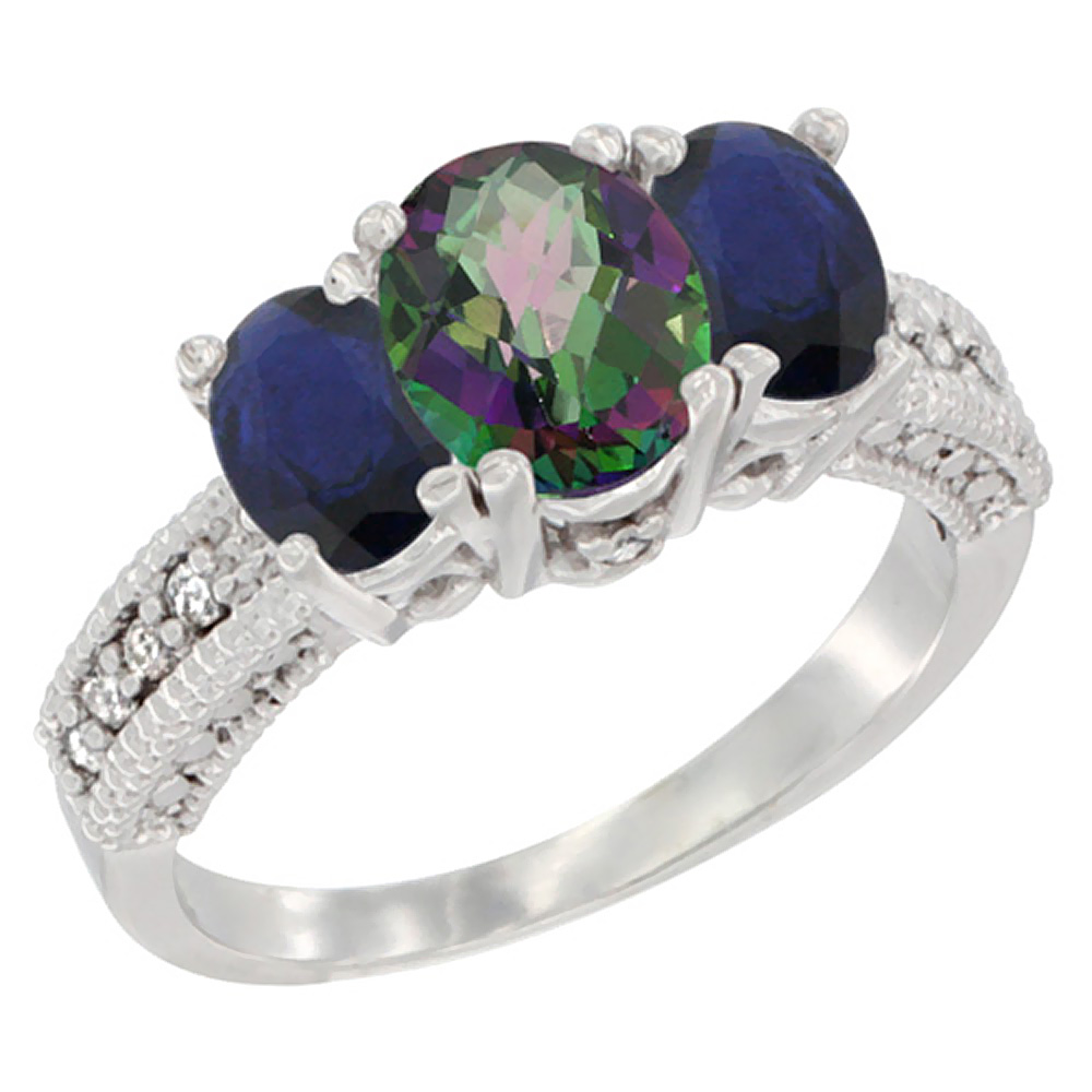 14K White Gold Diamond Natural Mystic Topaz 7x5mm & 6x4mm Quality Blue Sapphire Oval 3-stone Ring,sz5-10