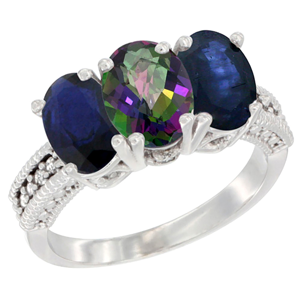 10K White Gold Diamond Natural Mystic Topaz & Blue Sapphire Ring 3-Stone 7x5 mm Oval, sizes 5 - 10