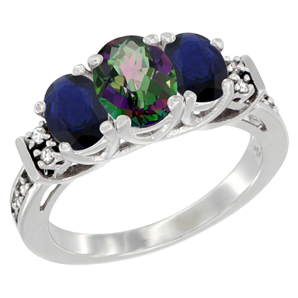 10K White Gold Natural Mystic Topaz & Blue Sapphire Ring 3-Stone Oval Diamond Accent