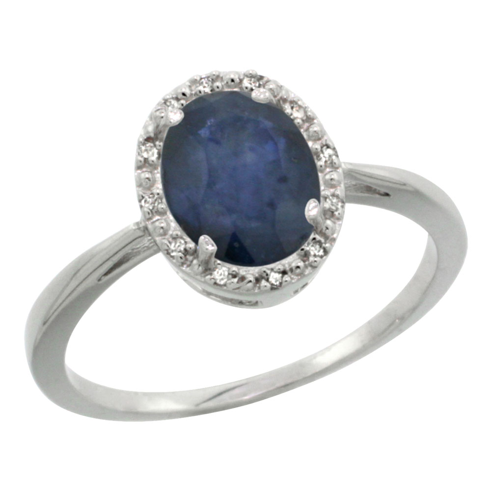 14K White Gold Natural Blue Sapphire Diamond Halo Ring Oval 8X6mm, sizes 5 10