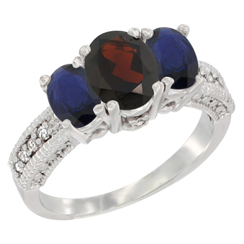 10K White Gold Diamond Natural Garnet 7x5mm &amp;6x4mm Quality Blue Sapphire Oval 3-stone Mothers Ring,sz5-10