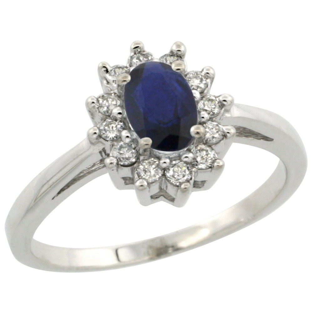 14K White Gold Natural Blue Sapphire Flower Diamond Halo Ring Oval 6x4 mm, sizes 5 10