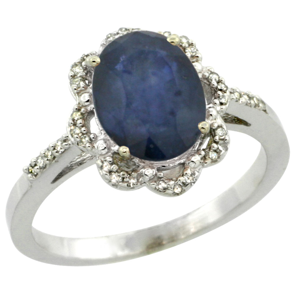 14K White Gold Diamond Halo Natural Blue Sapphire Engagement Ring Oval 9x7mm, sizes 5-10