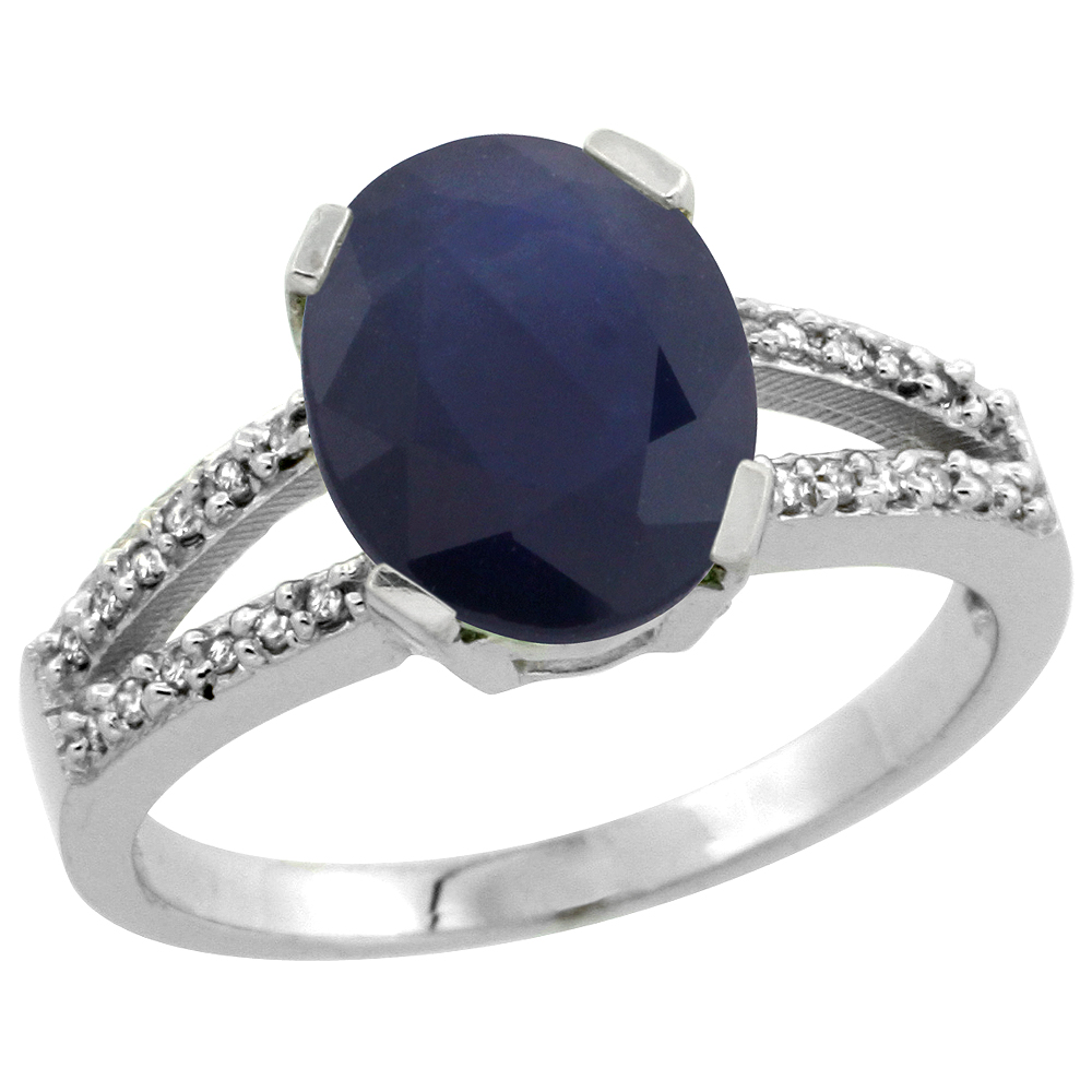 10K White Gold Diamond Natural Blue Sapphire Engagement Ring Oval 10x8mm, sizes 5-10