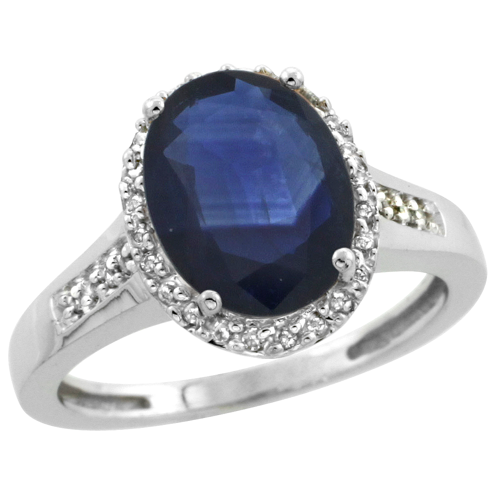 10K White Gold Diamond Natural Blue Sapphire Engagement Ring Oval 10x8mm, sizes 5-10