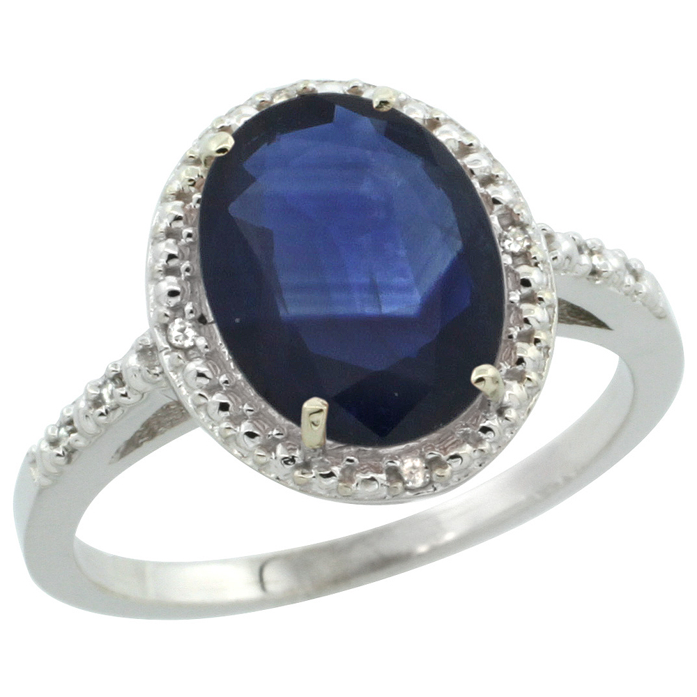 10K White Gold Diamond Natural Blue Sapphire Engagement Ring Oval 10x8mm, sizes 5-10