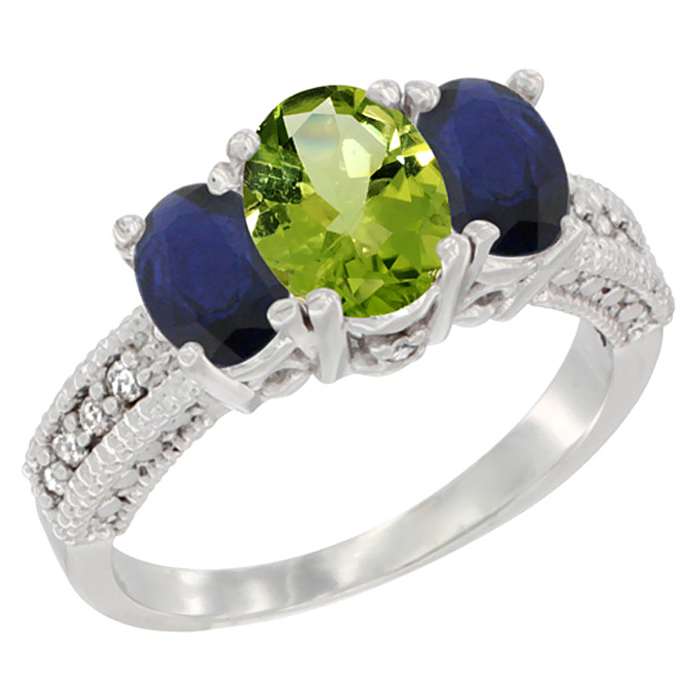 14K White Gold Diamond Natural Peridot 7x5mm&amp;6x4mm Quality Blue Sapphire Oval 3-stone Mothers Ring,sz5-10